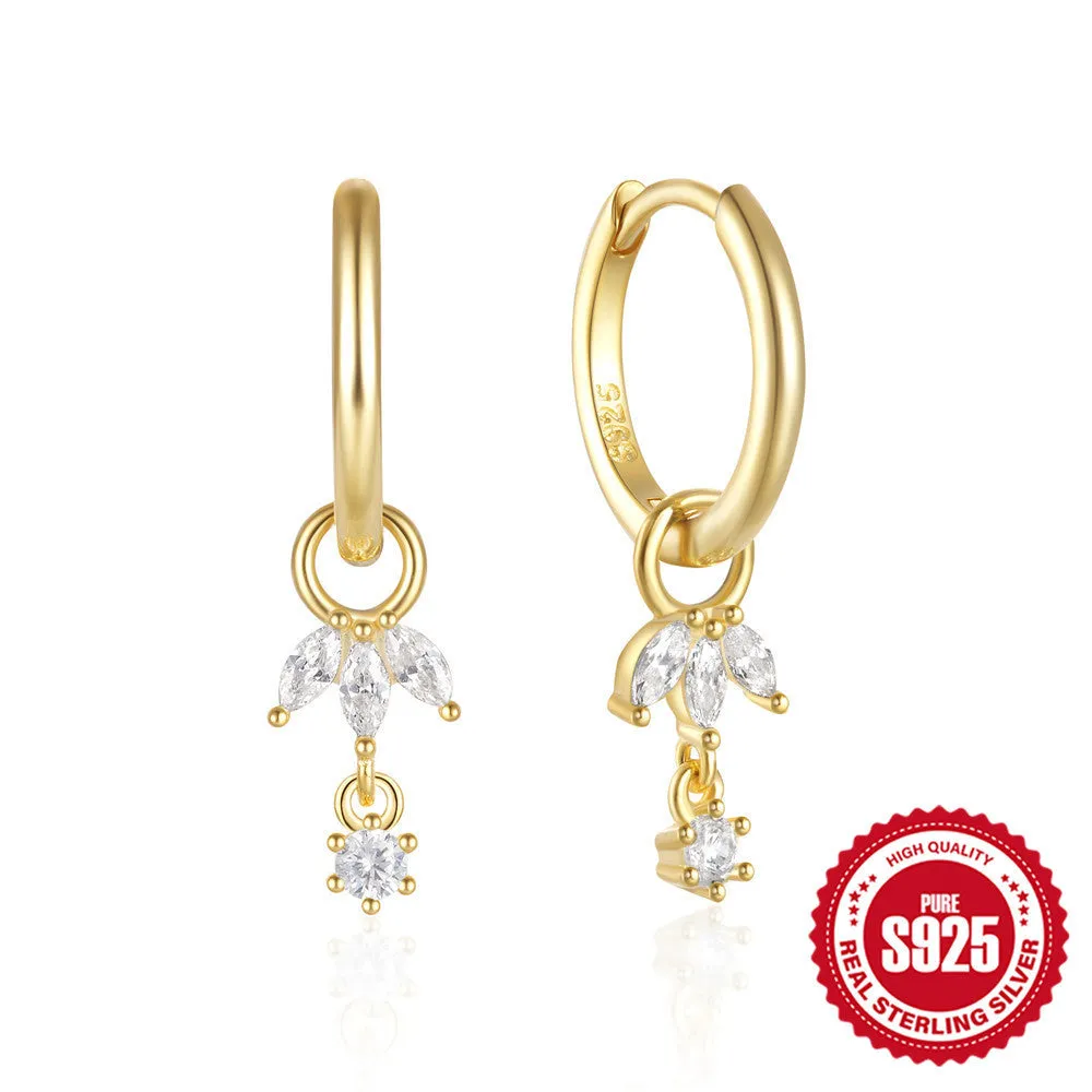 S925 sterling silver earrings with sunflower geometric design and golden-three diamonds colour