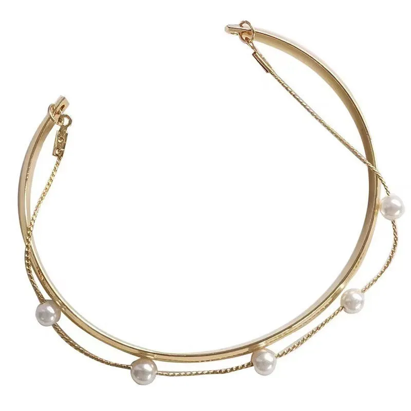 Double layered pearl coloured electroplating alloy bracelet, Korean style geometric design for women