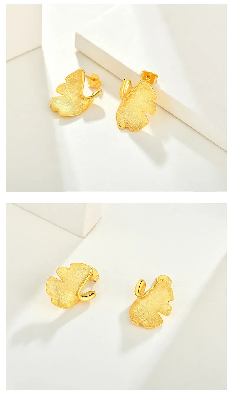 925 sterling silver ginkgo biloba leaf stud earrings with 14k gold plating gold colour