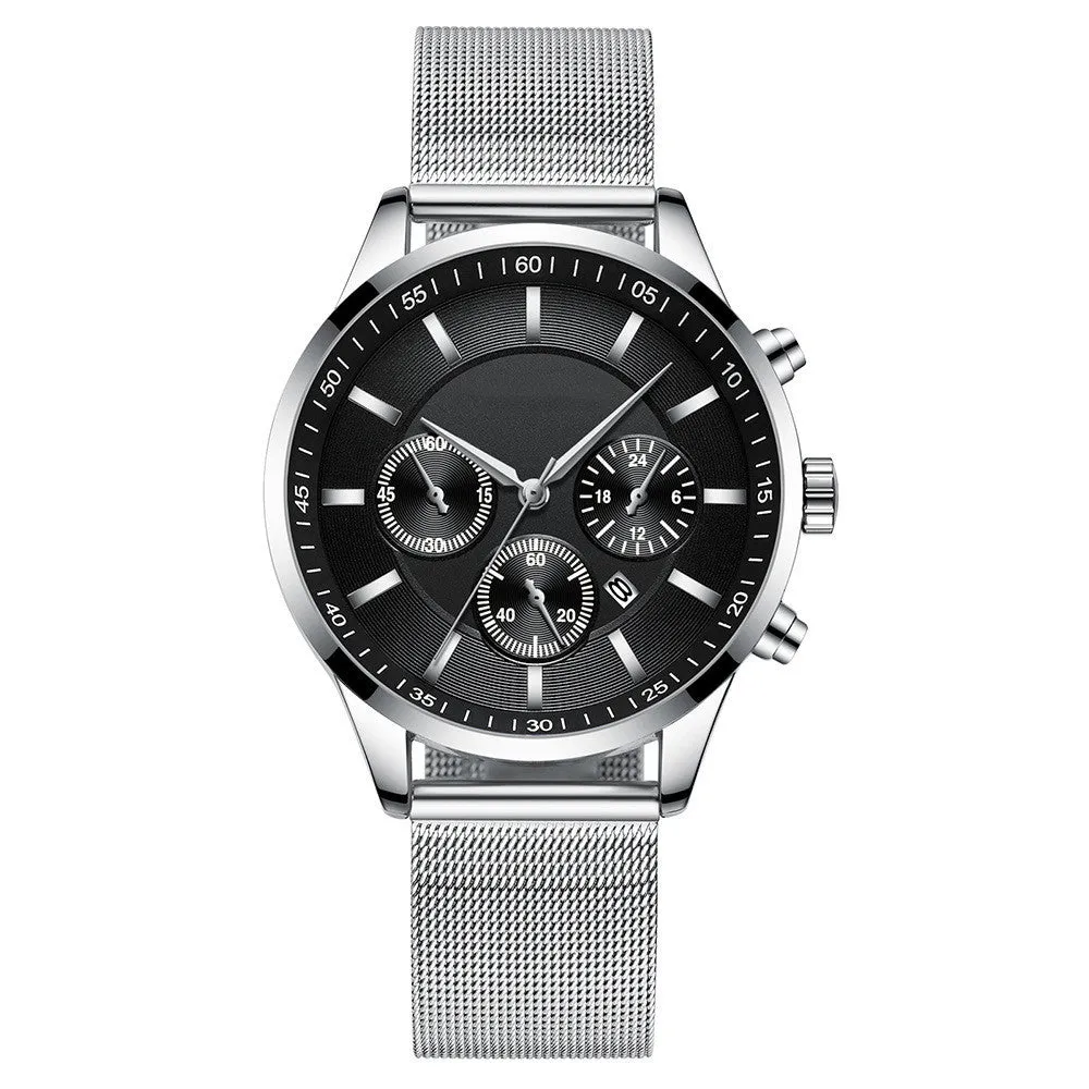 Mens fashion mesh strap waterproof watch with 43.5mm dial, mineral glass lens, and calendar feature in a silver finish