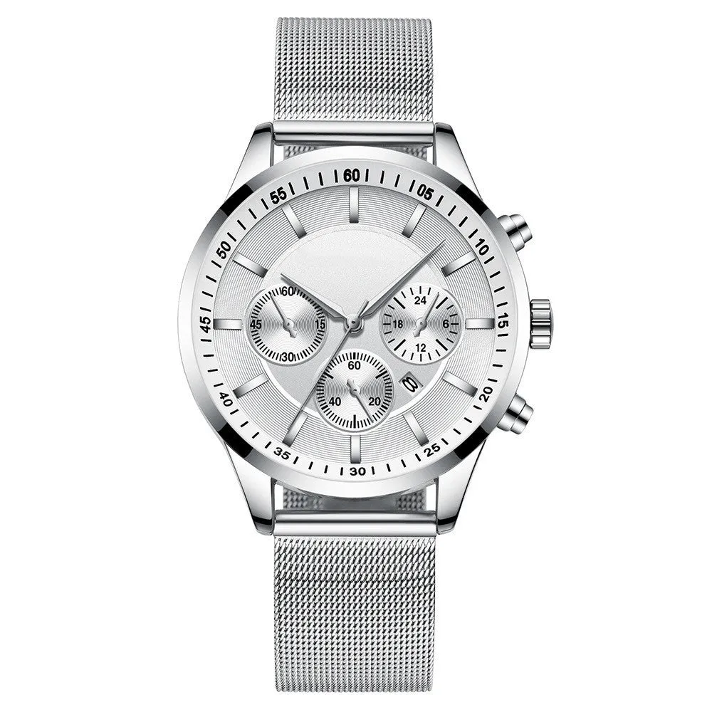 Mens fashion mesh strap waterproof watch with 43.5mm dial, mineral glass lens, and calendar feature in a silver finish