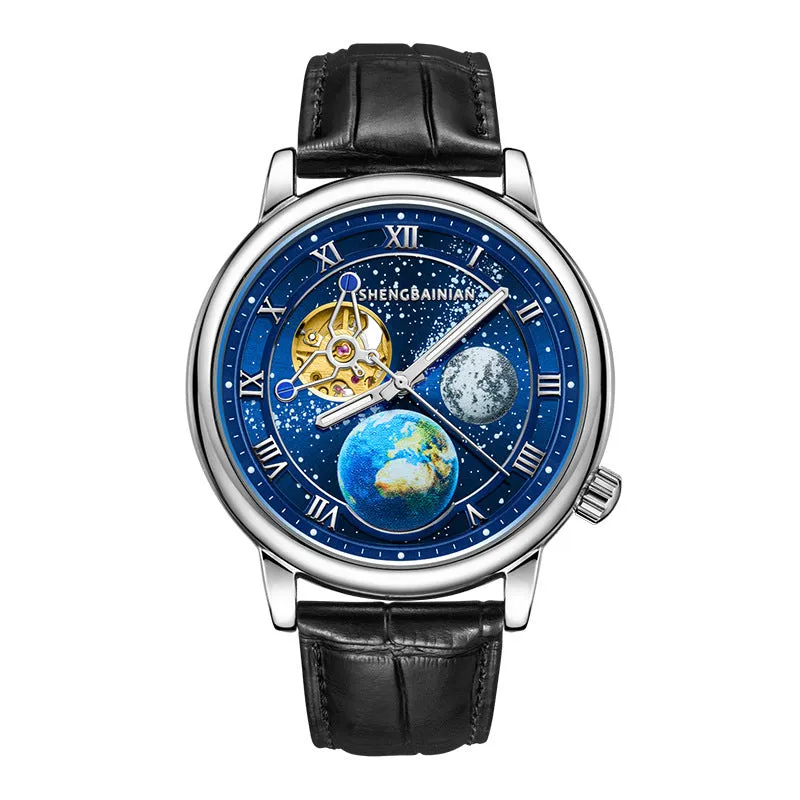 Men's mechanical watch with luminous starry dial, 43mm metal case, silver blue colour