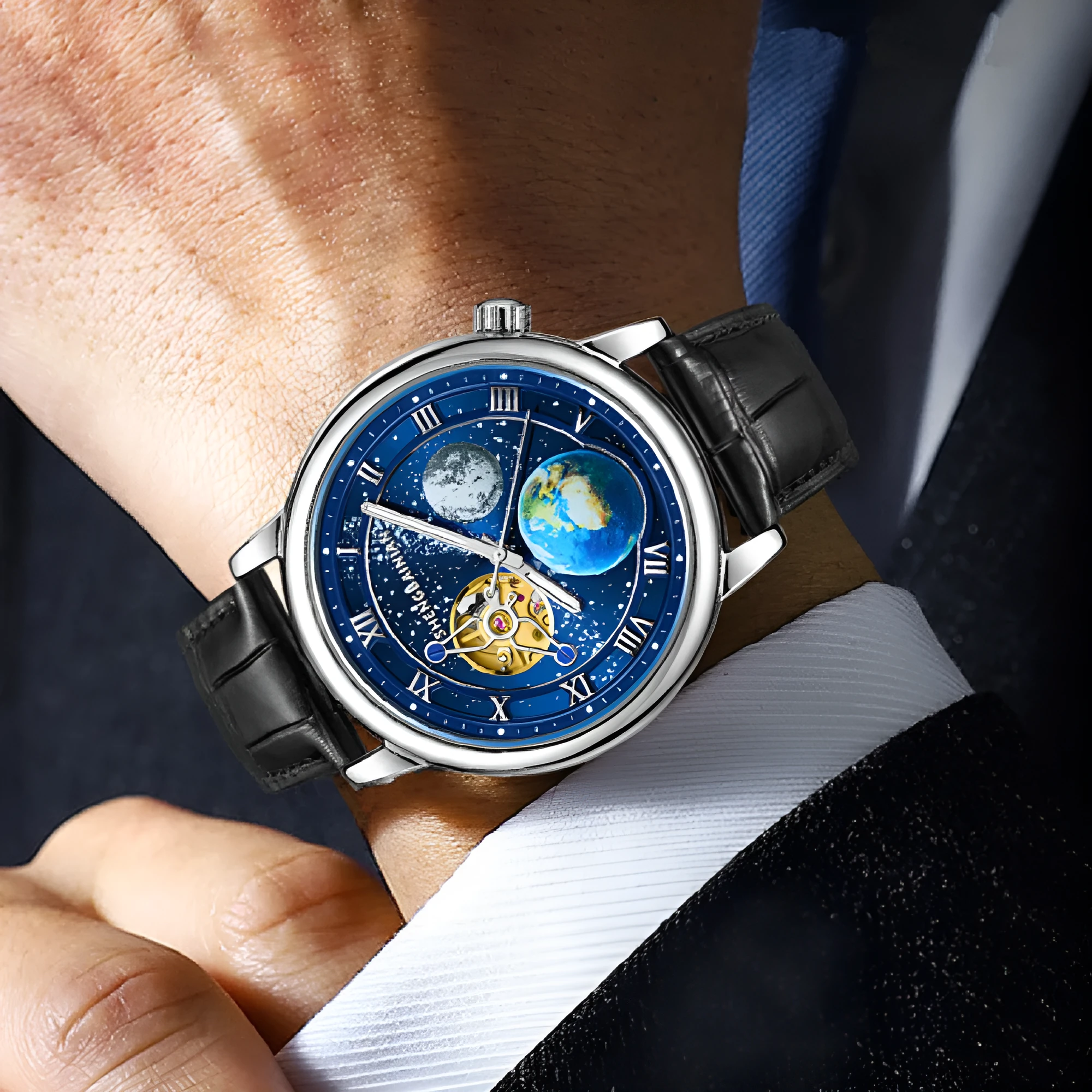 Men's mechanical watch with luminous starry dial, 43mm metal case, silver blue colour
