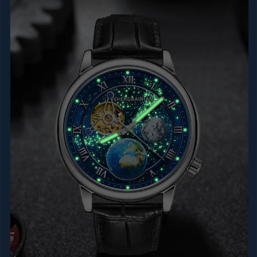 Men's mechanical watch with luminous starry dial, 43mm metal case, silver blue colour
