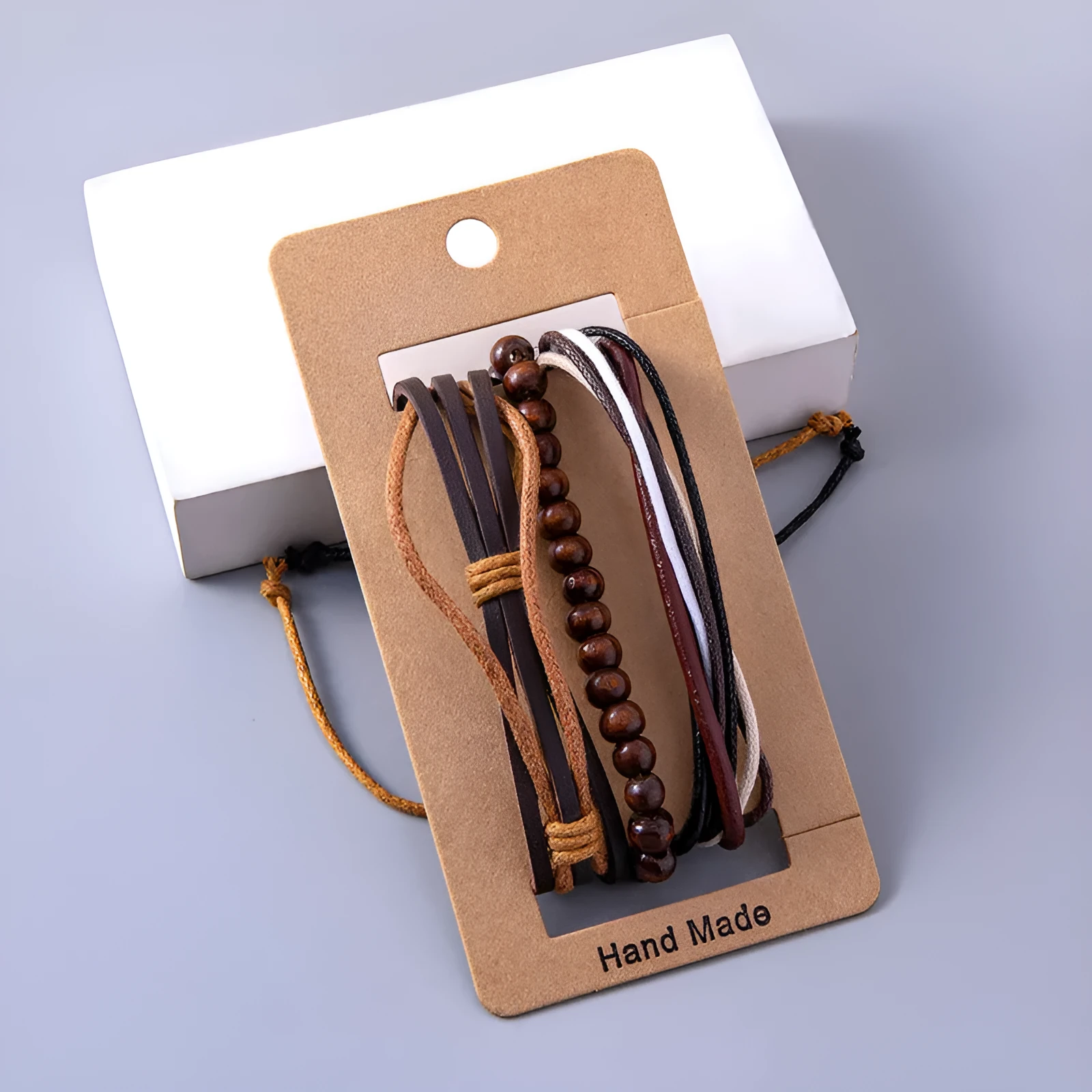 Vintage multilayer leather adjustable bracelet set with wooden beads, ethnic wrap design for women and men, 18g