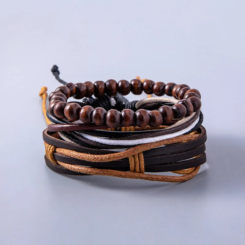 Vintage multilayer leather adjustable bracelet set with wooden beads, ethnic wrap design for women and men, 18g