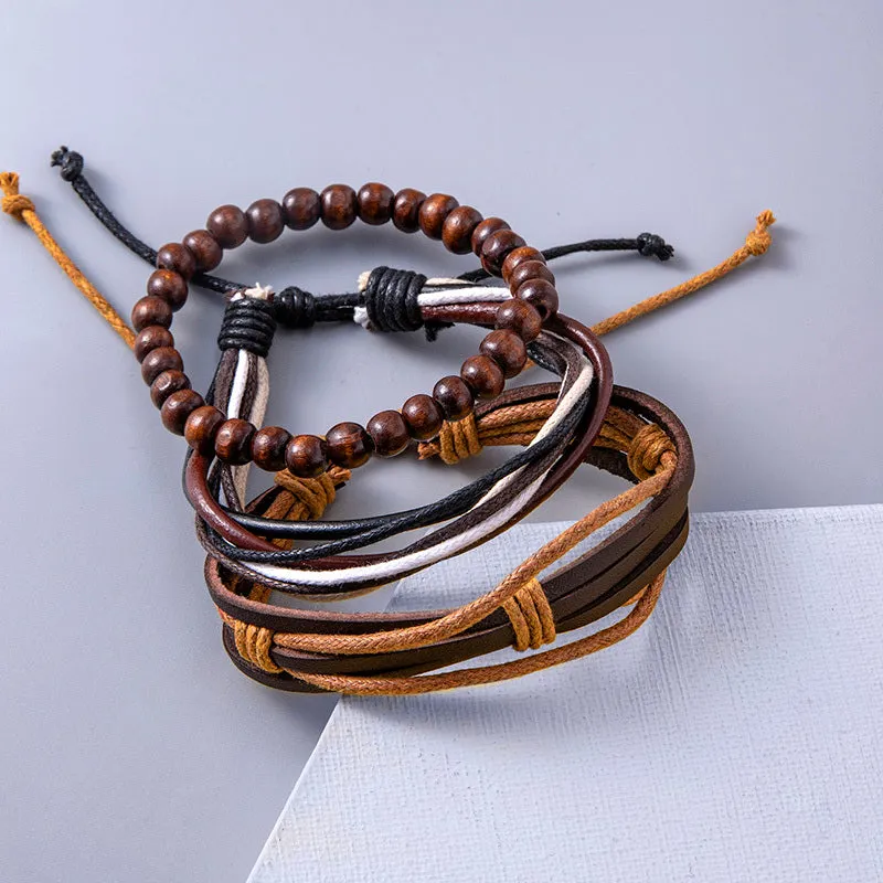 Vintage multilayer leather adjustable bracelet set with wooden beads, ethnic wrap design for women and men, 18g