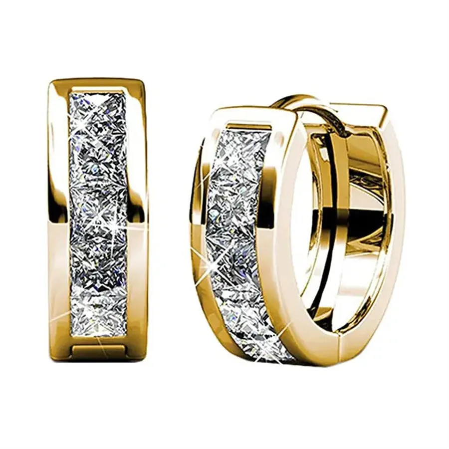 A pair of geometric quadrilateral earrings for women in a gold tone, showing the post and butterfly clutch back.
