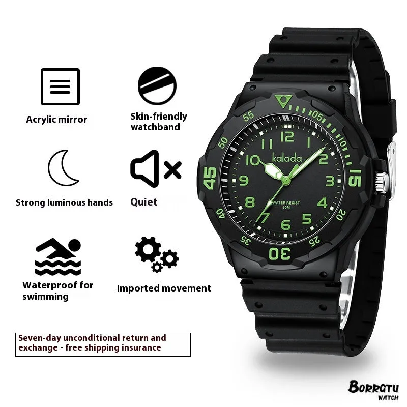 Men's sports luminous pointer quartz watch in black and green with date and week calendar display