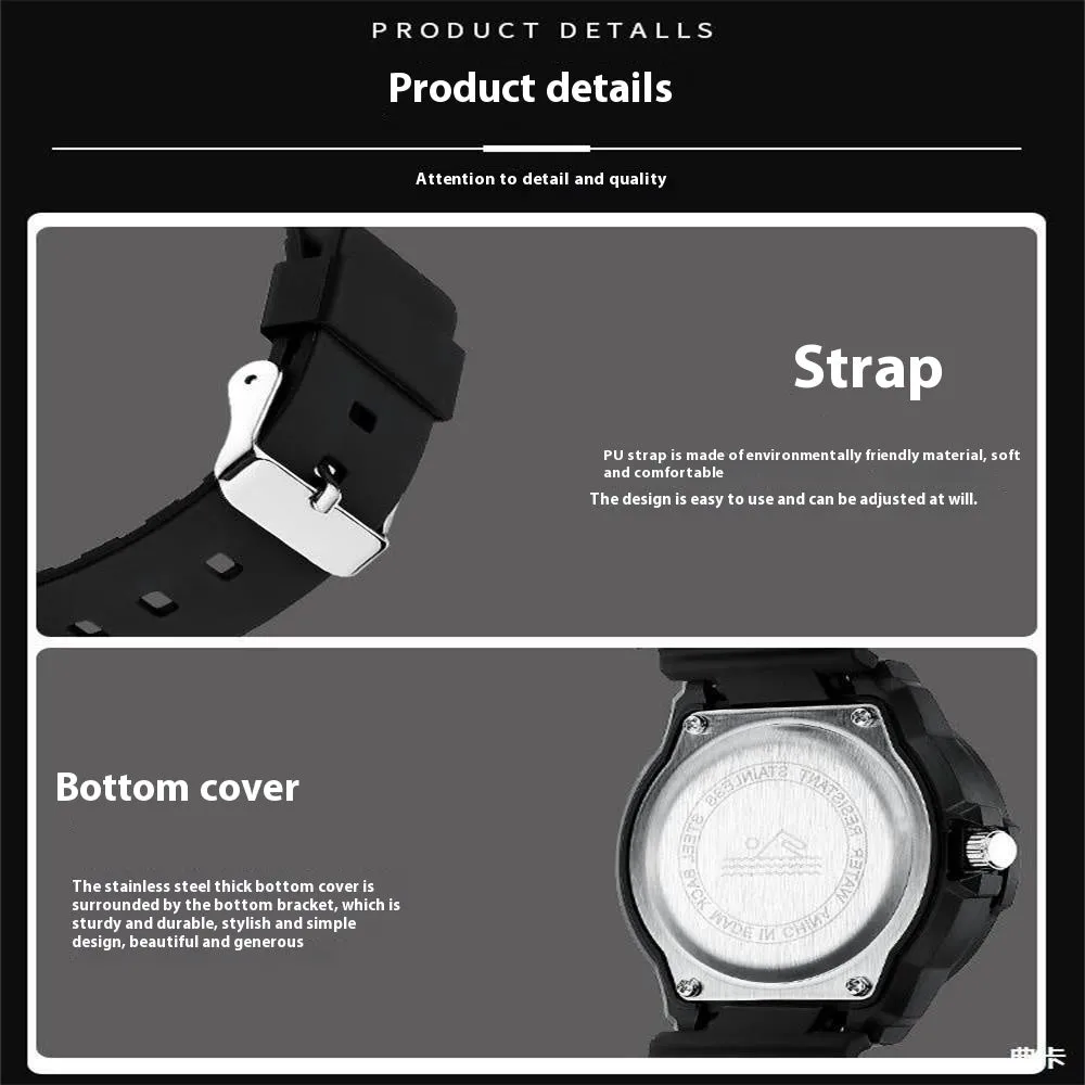 Men's sports luminous pointer quartz watch in black and green with date and week calendar display
