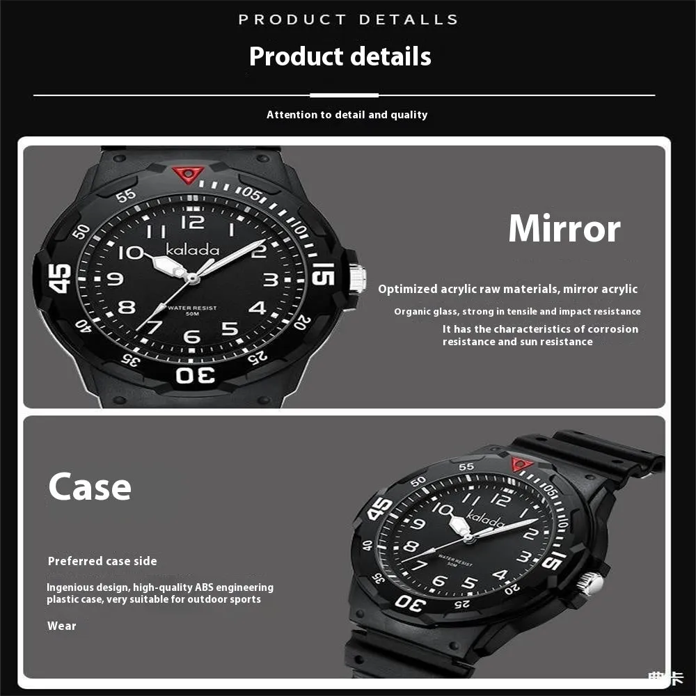 Men's sports luminous pointer quartz watch in black and green with date and week calendar display