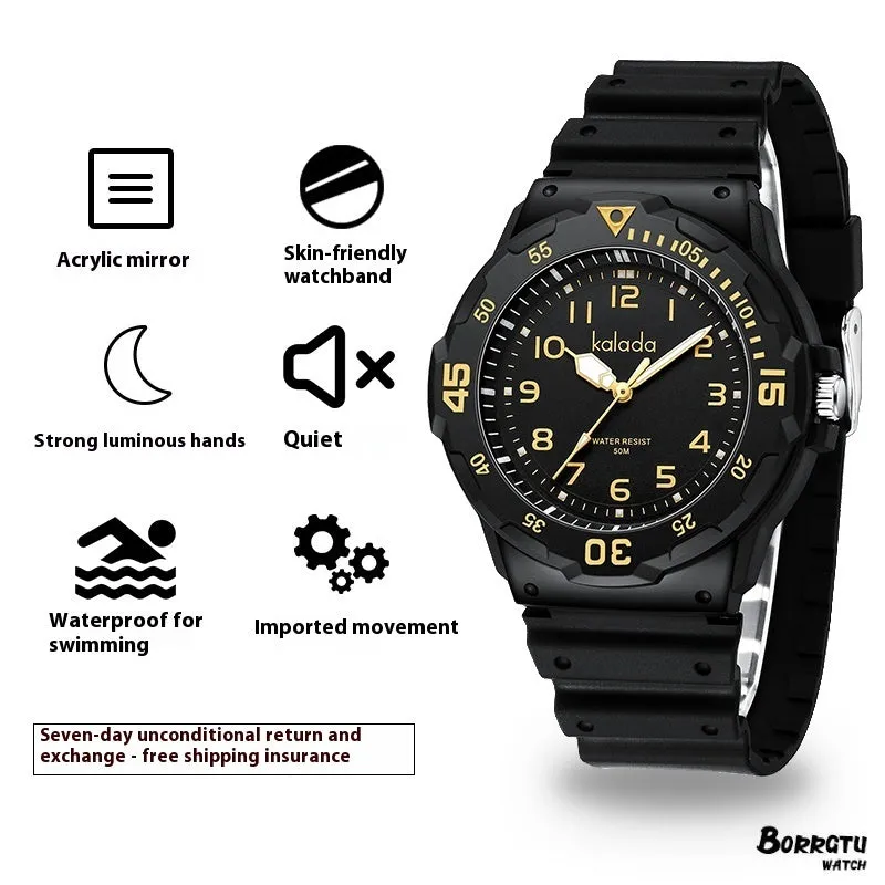 Men's sports luminous pointer quartz watch in black and green with date and week calendar display