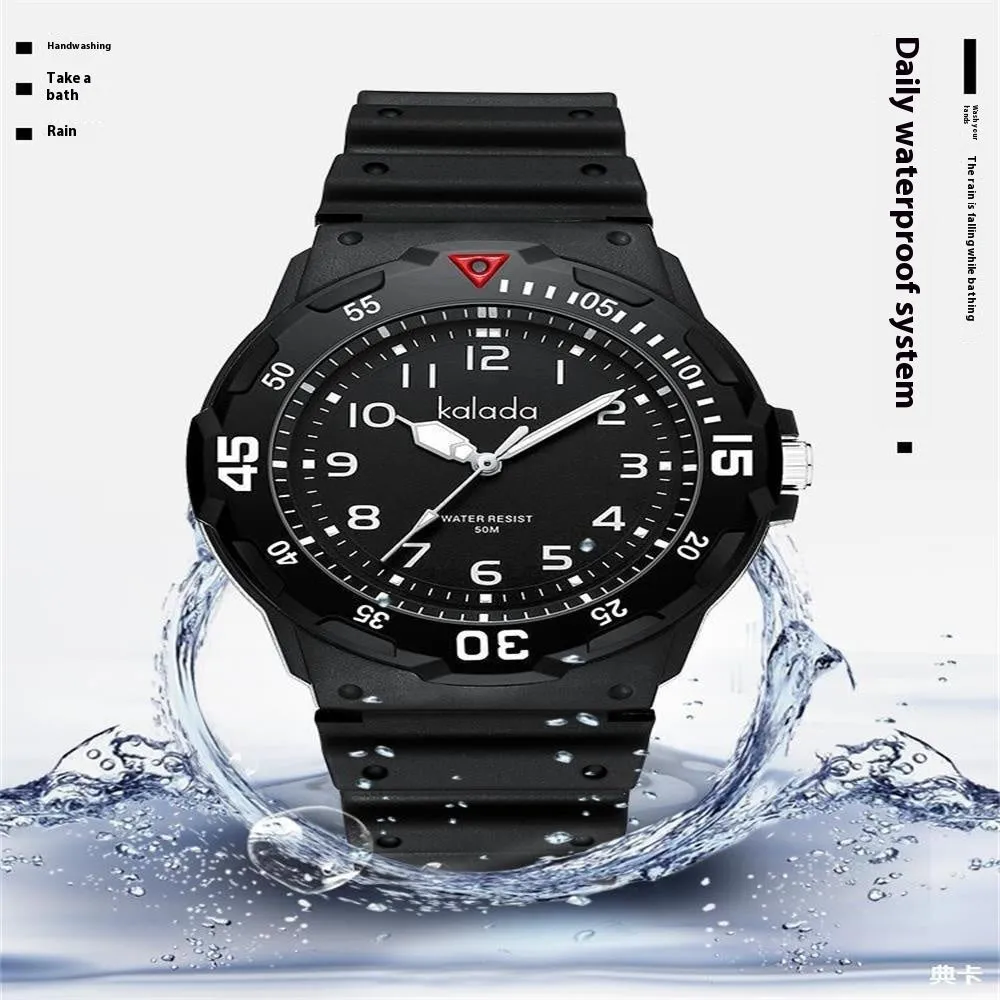 Men's sports luminous pointer quartz watch in black and green with date and week calendar display