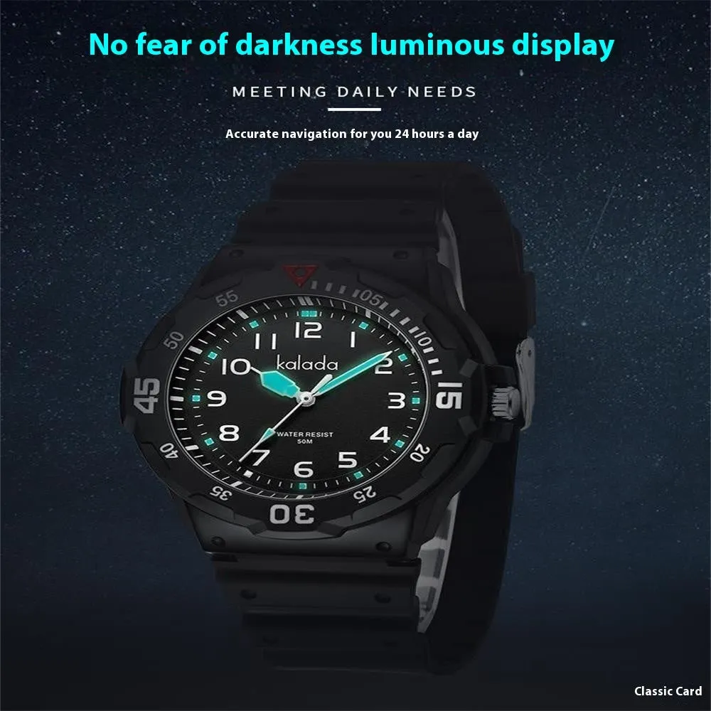Men's sports luminous pointer quartz watch in black and green with date and week calendar display