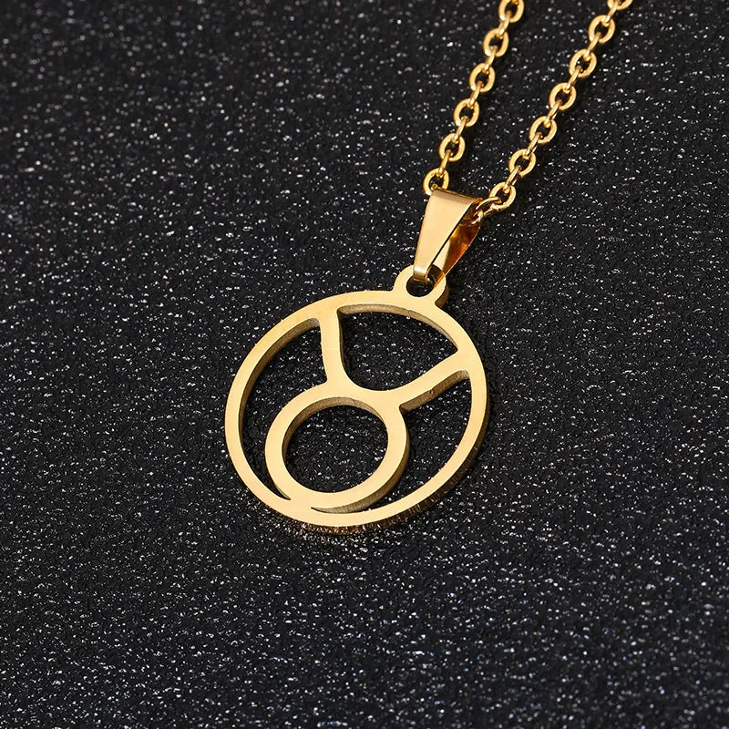 Set of 12 stainless steel horoscope pendant necklaces with vacuum plating gold finishes on a white background