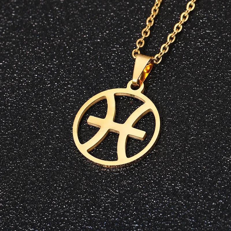 Set of 12 stainless steel horoscope pendant necklaces with vacuum plating gold finishes on a white background