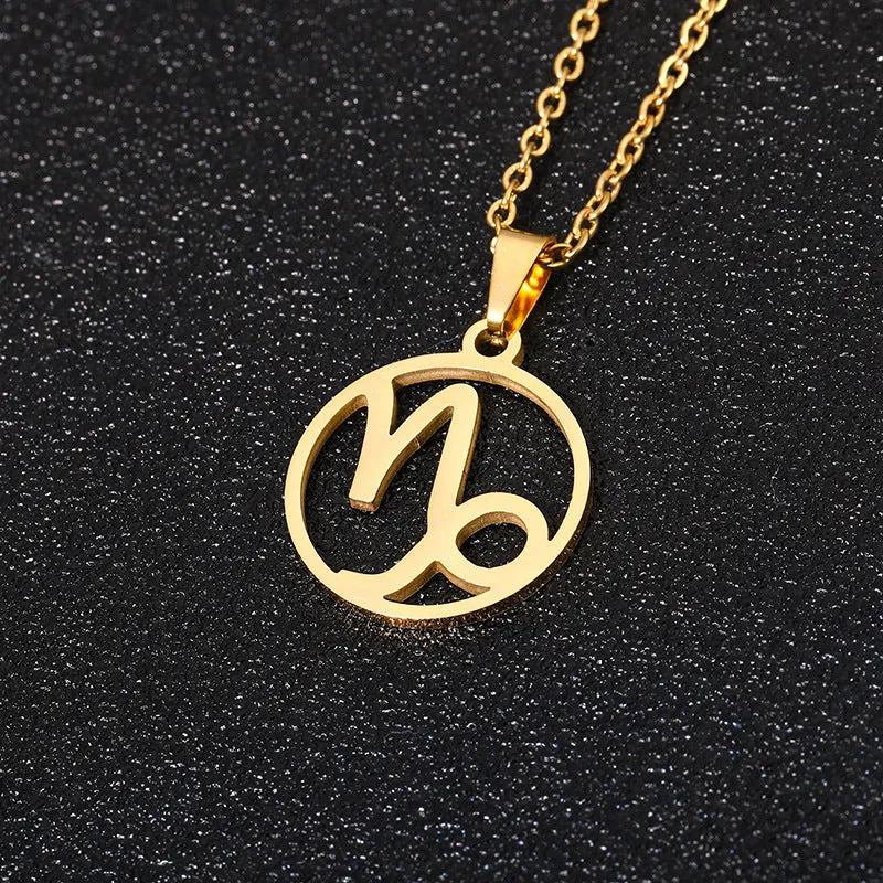 Set of 12 stainless steel horoscope pendant necklaces with vacuum plating gold finishes on a white background