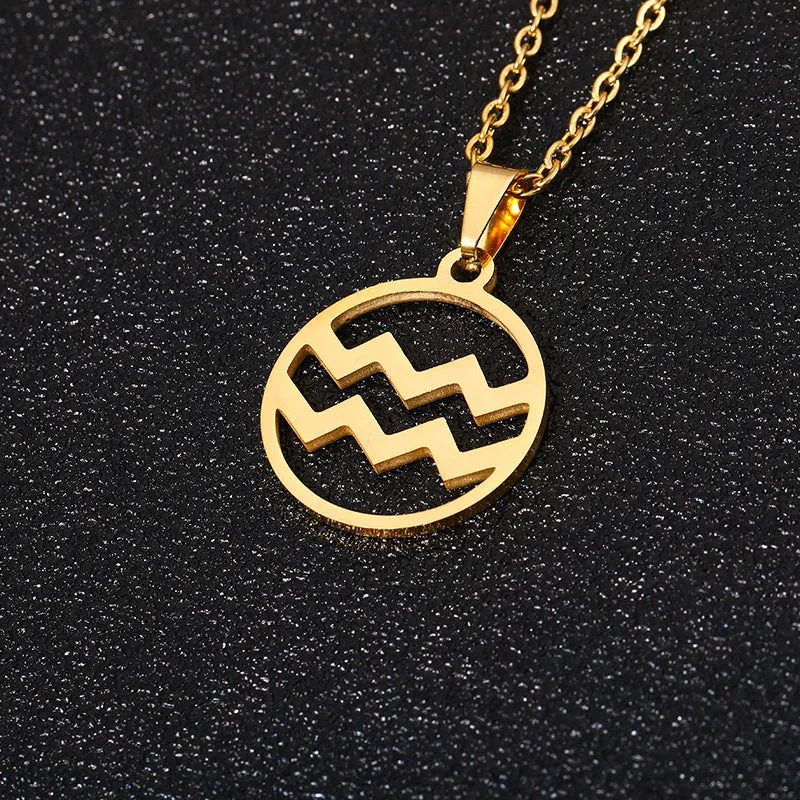 Set of 12 stainless steel horoscope pendant necklaces with vacuum plating gold finishes on a white background