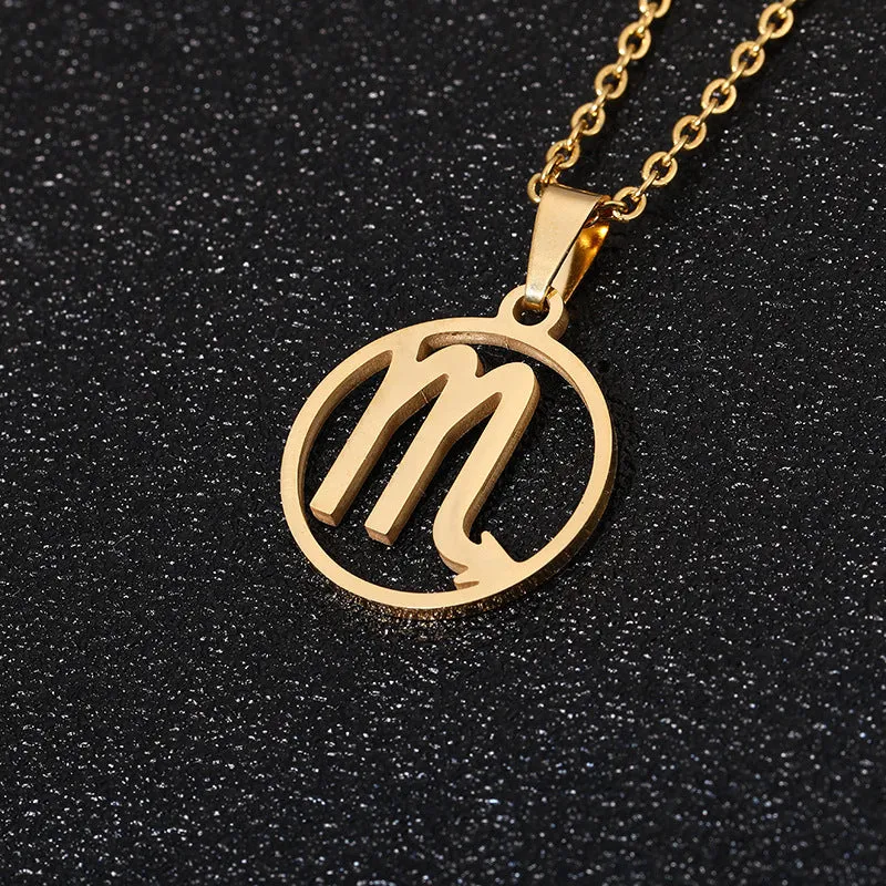 Set of 12 stainless steel horoscope pendant necklaces with vacuum plating gold finishes on a white background