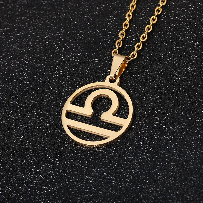 Set of 12 stainless steel horoscope pendant necklaces with vacuum plating gold finishes on a white background