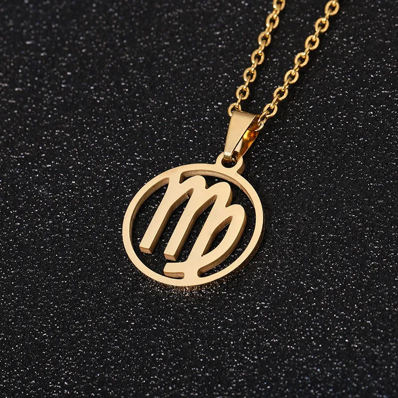 Set of 12 stainless steel horoscope pendant necklaces with vacuum plating gold finishes on a white background