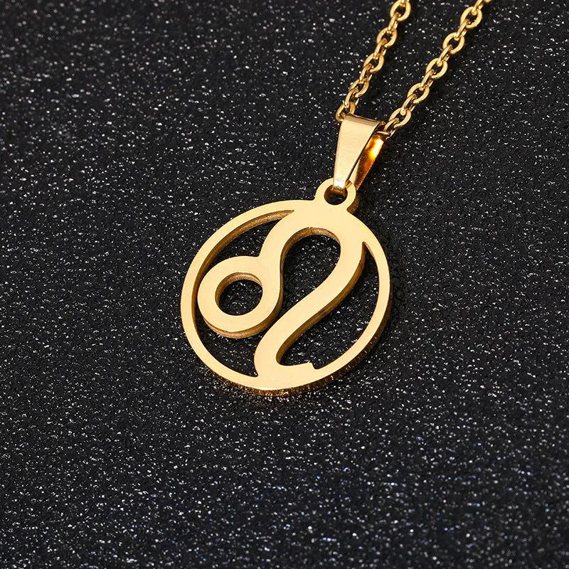 Set of 12 stainless steel horoscope pendant necklaces with vacuum plating gold finishes on a white background