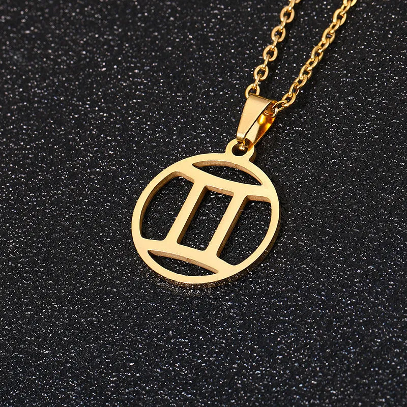 Set of 12 stainless steel horoscope pendant necklaces with vacuum plating gold finishes on a white background