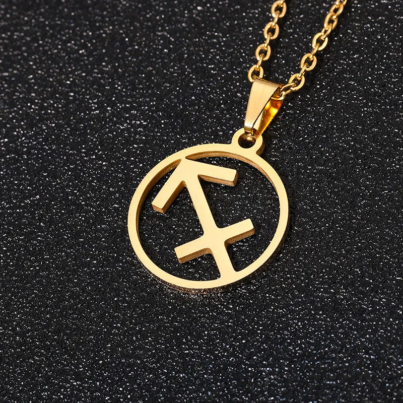Set of 12 stainless steel horoscope pendant necklaces with vacuum plating gold finishes on a white background