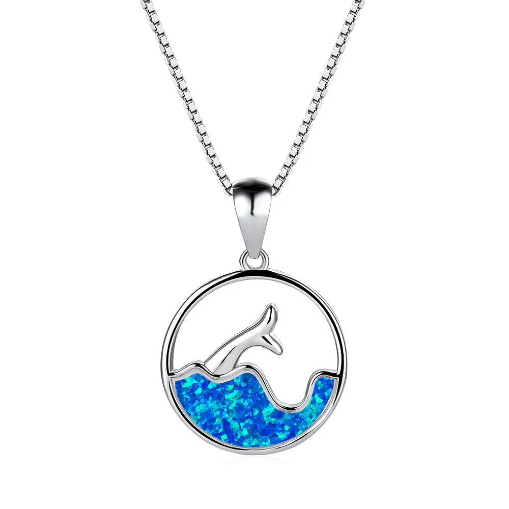 Geometric round opal pendant necklace with electroplated platinum finish on a 45cm chain.