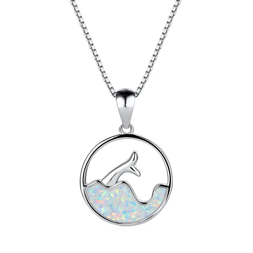 Geometric round opal pendant necklace with electroplated platinum finish on a 45cm chain.