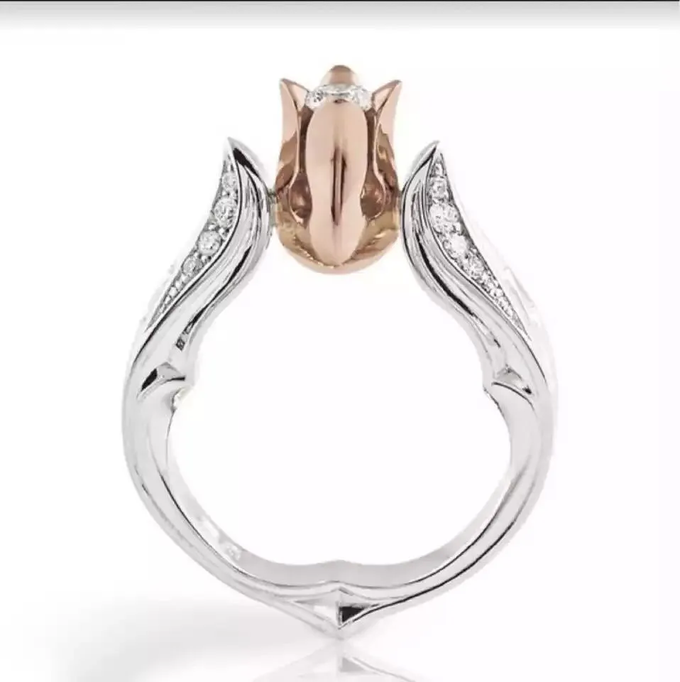 Women's flower separation simulation diamond ring in copper with gold plating, zircon stone, and rose colour separation, sizes 5-10