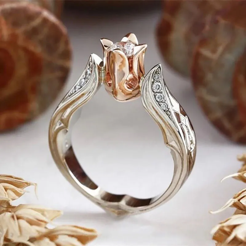 Women's flower separation simulation diamond ring in copper with gold plating, zircon stone, and rose colour separation, sizes 5-10