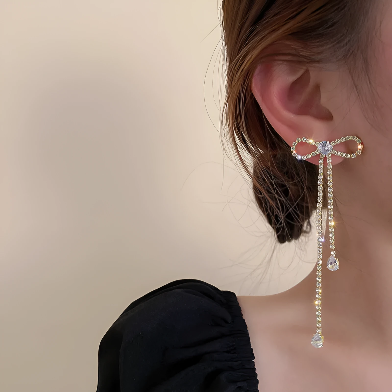 Fashion jewellery silver needle long bow tie full-jeweled stud earrings for women in gold and silver drop shape