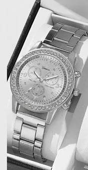 Women's three-eye quartz diamond-embedded watch with rose gold alloy strap