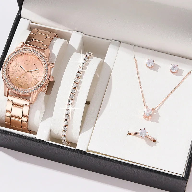 Women's three-eye quartz diamond-embedded watch with rose gold alloy strap