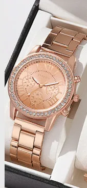 Women's three-eye quartz diamond-embedded watch with rose gold alloy strap