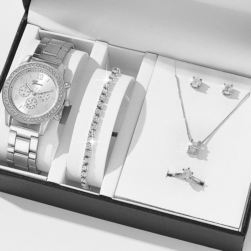 Women's three-eye quartz diamond-embedded watch with rose gold alloy strap