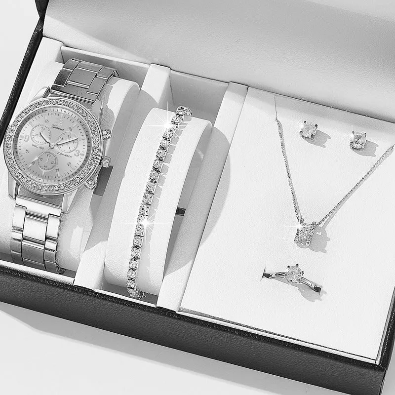 Women's three-eye quartz diamond-embedded watch with rose gold alloy strap
