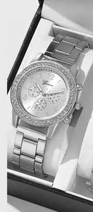 Women's three-eye quartz diamond-embedded watch with rose gold alloy strap