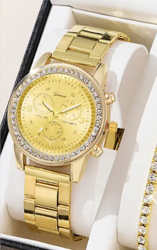 Women's three-eye quartz diamond-embedded watch with rose gold alloy strap