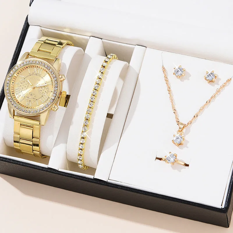 Women's three-eye quartz diamond-embedded watch with rose gold alloy strap