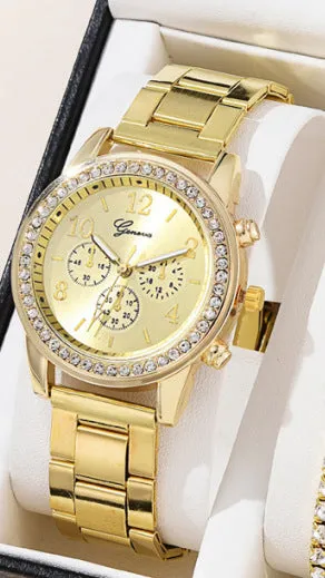 Women's three-eye quartz diamond-embedded watch with rose gold alloy strap