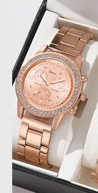 Women's three-eye quartz diamond-embedded watch with rose gold alloy strap