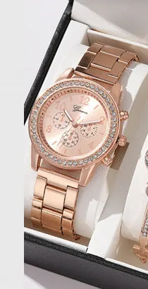 Women's three-eye quartz diamond-embedded watch with rose gold alloy strap