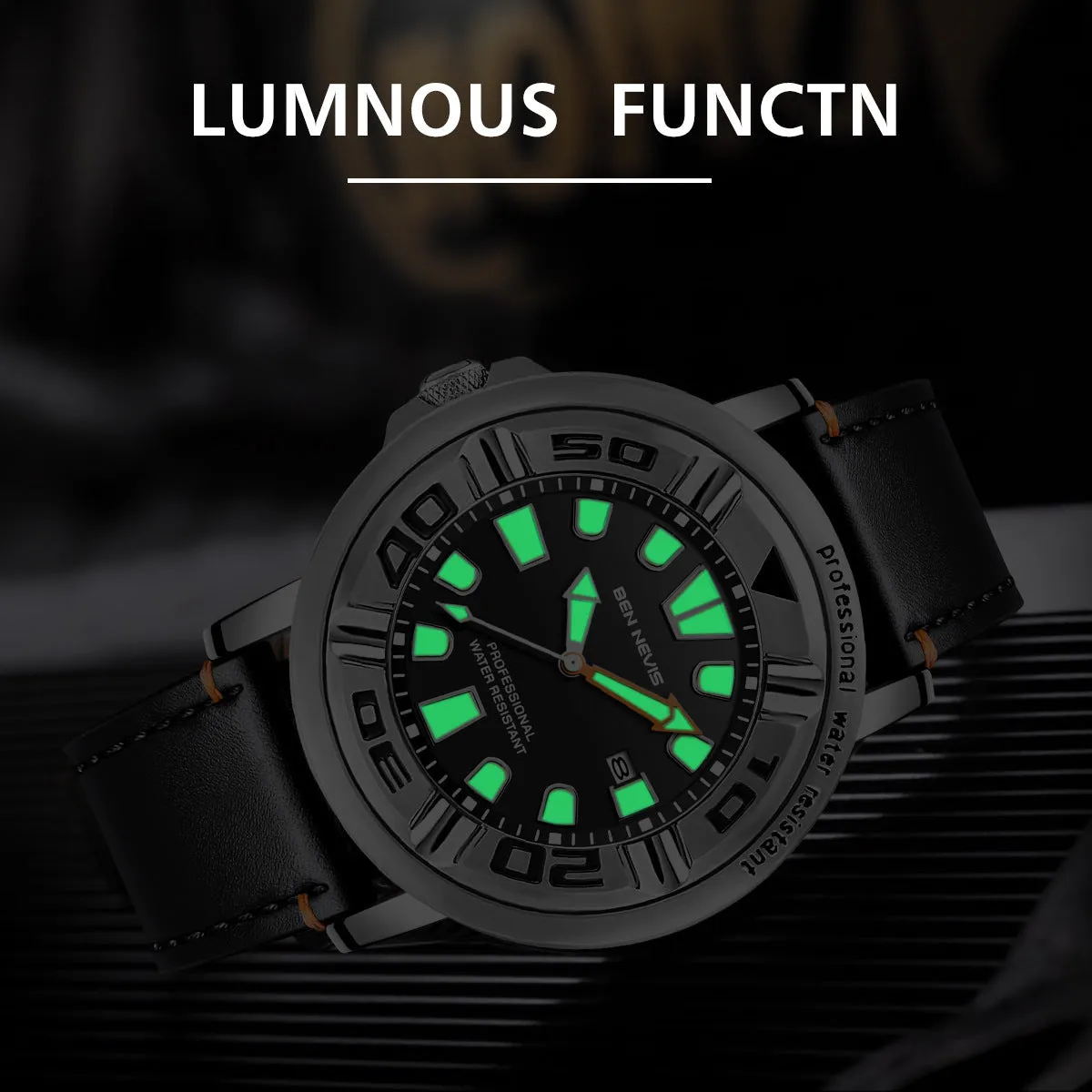 Business men's quartz watch with blue dial, 48mm, luminous hands, and calendar display
