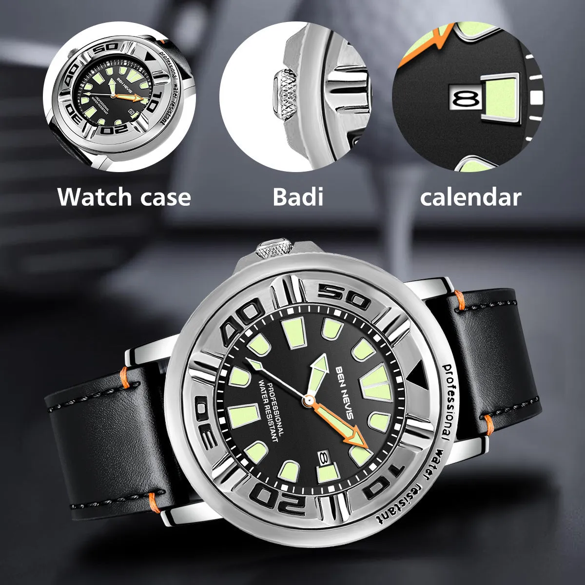 Business men's quartz watch with blue dial, 48mm, luminous hands, and calendar display