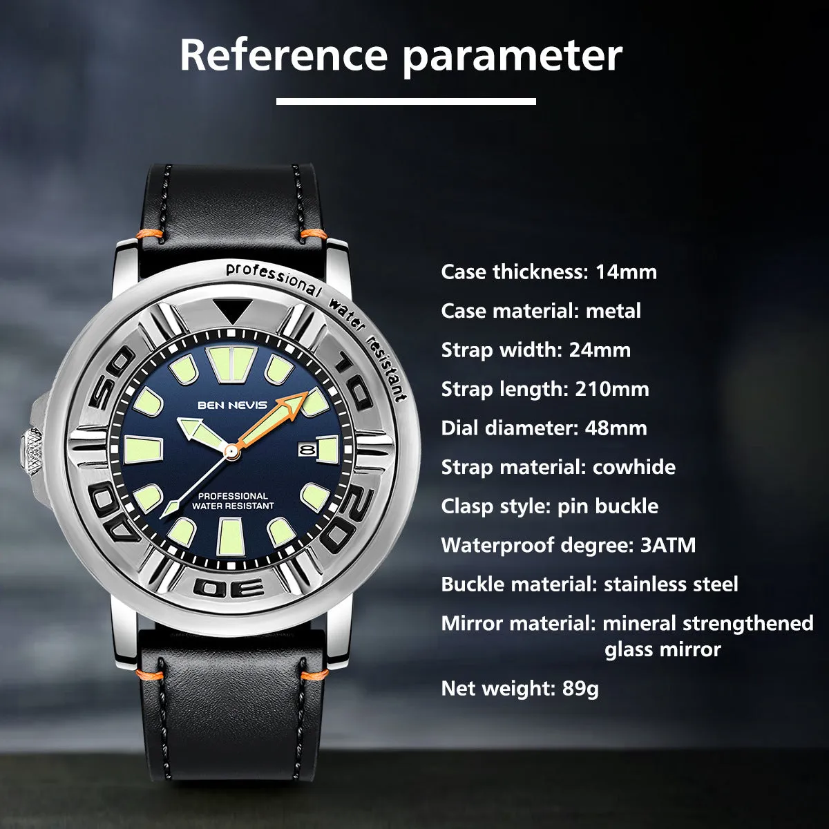 Business men's quartz watch with blue dial, 48mm, luminous hands, and calendar display