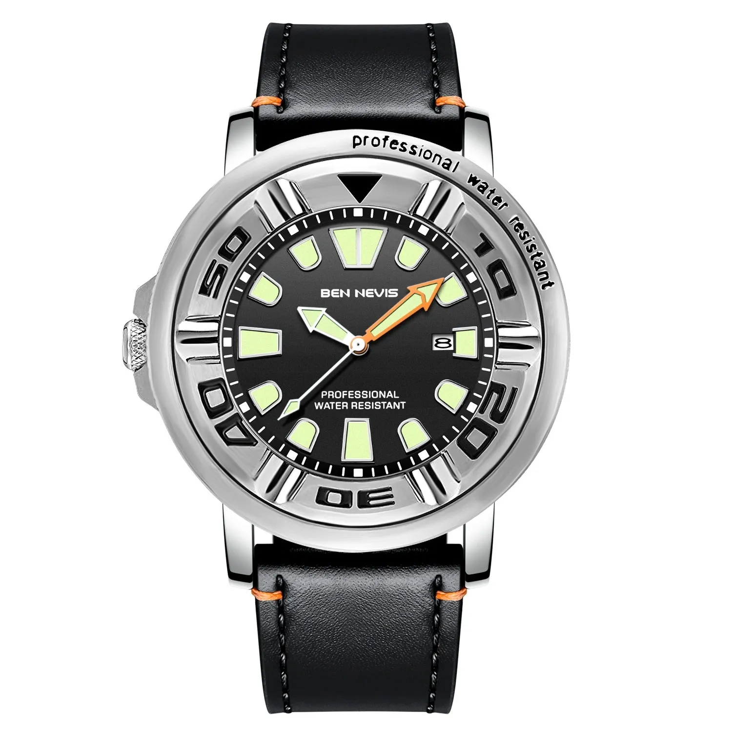 Business men's quartz watch with blue dial, 48mm, luminous hands, and calendar display