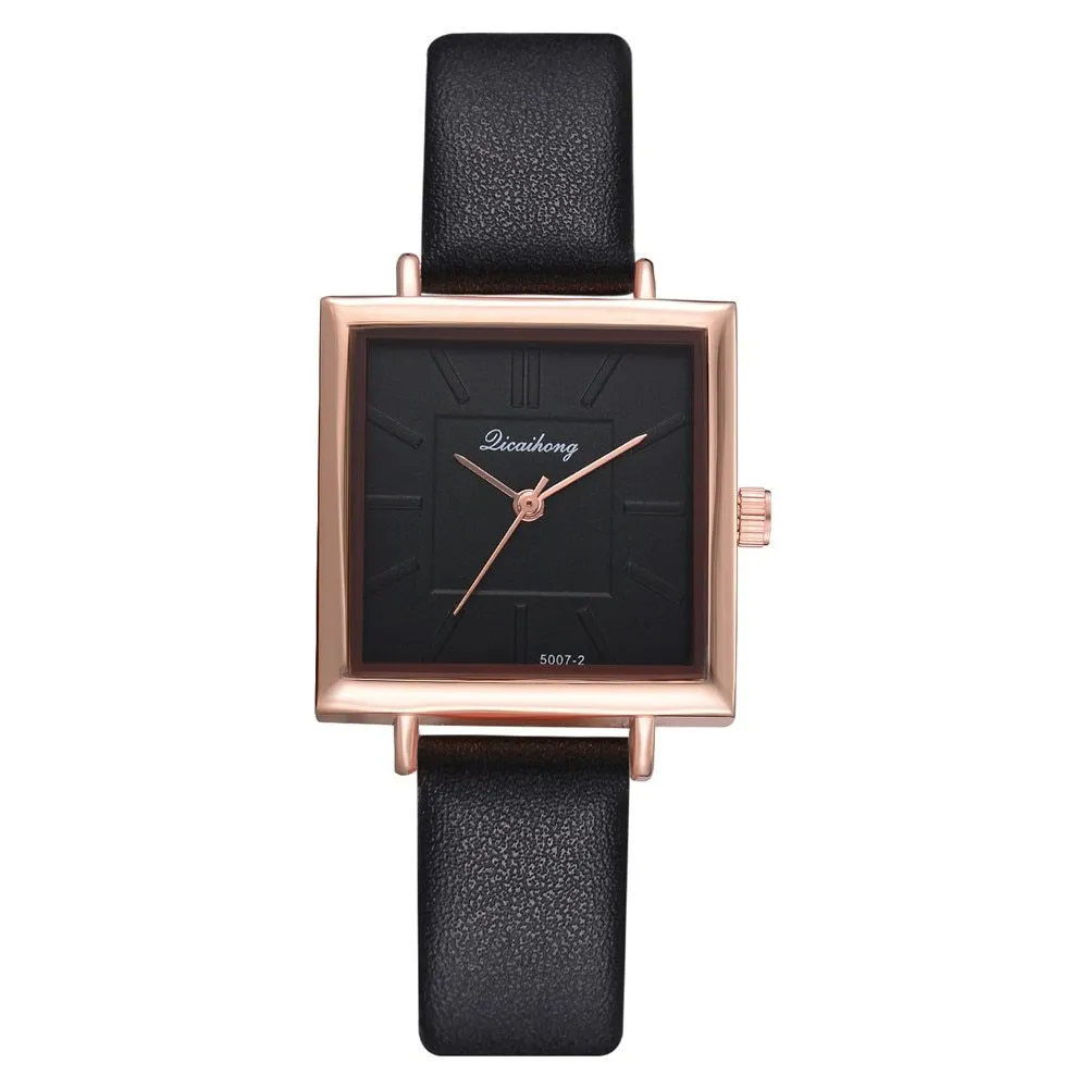 Square women leather crystal quartz wrist watch with glass dial in multiple colours