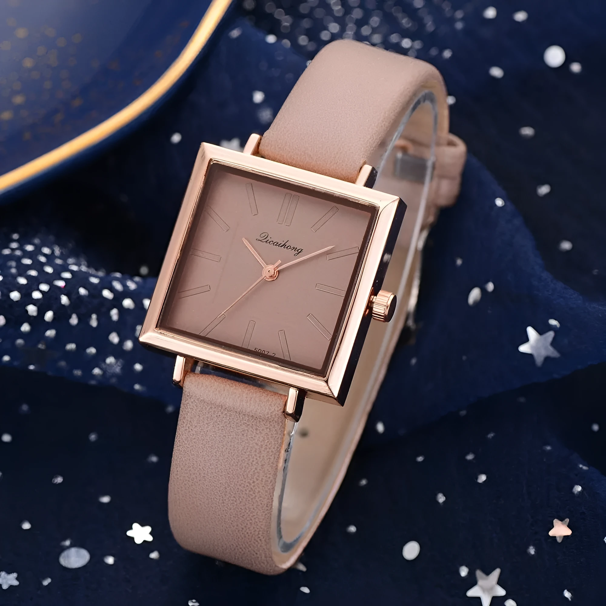 Square women leather crystal quartz wrist watch with glass dial in multiple colours